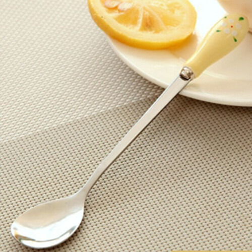 (Yellow) Ceramic Handle Stirring Spoon Stainless Steel Tableware