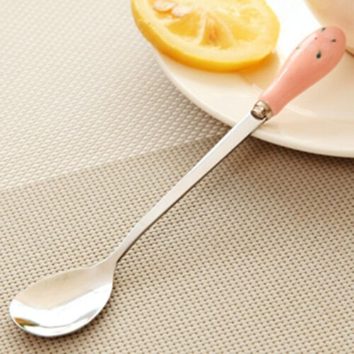 (Pink) Ceramic Handle Stirring Spoon Stainless Steel Tableware