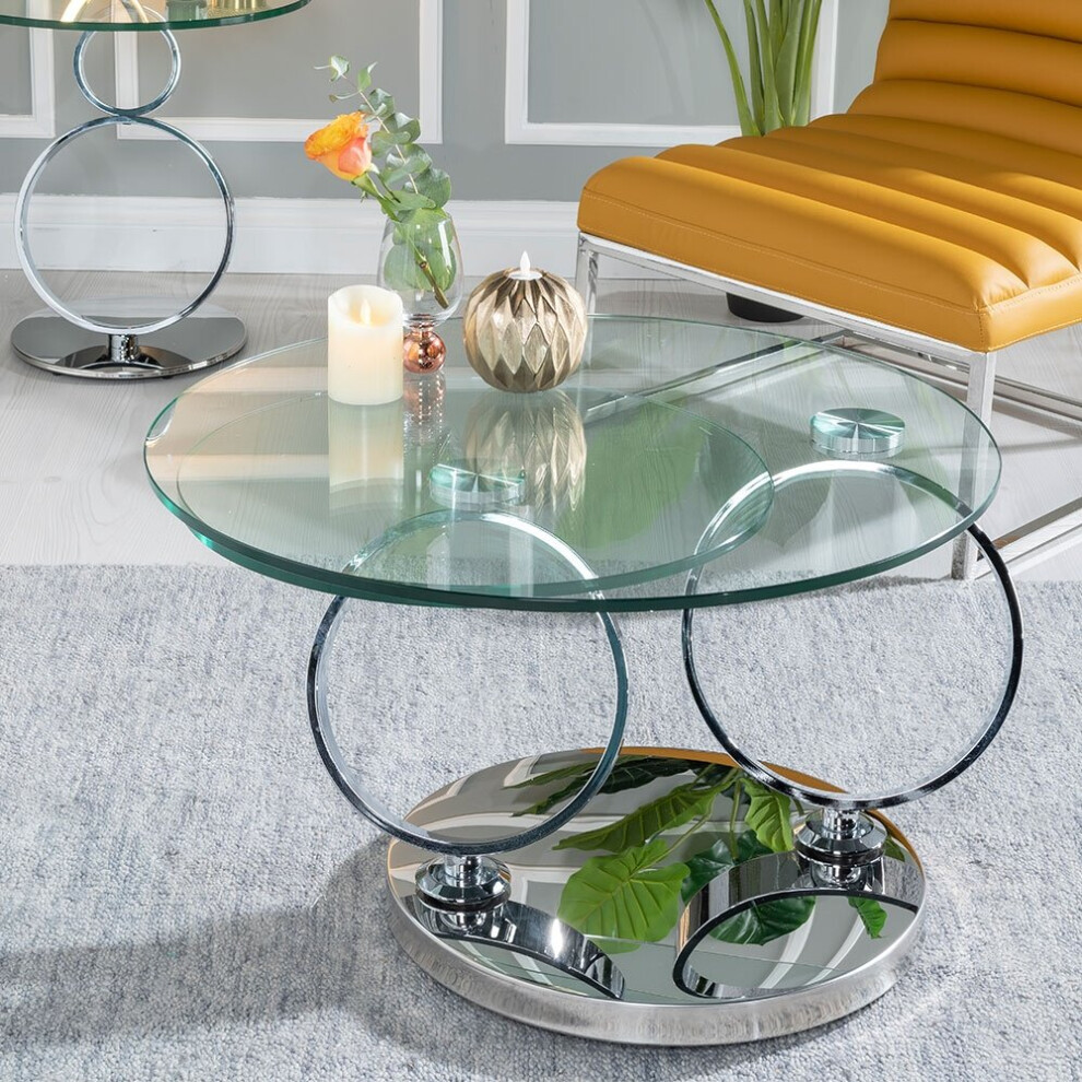 Rings Glass and Chrome Rotating Coffee Table for Living Room Furniture