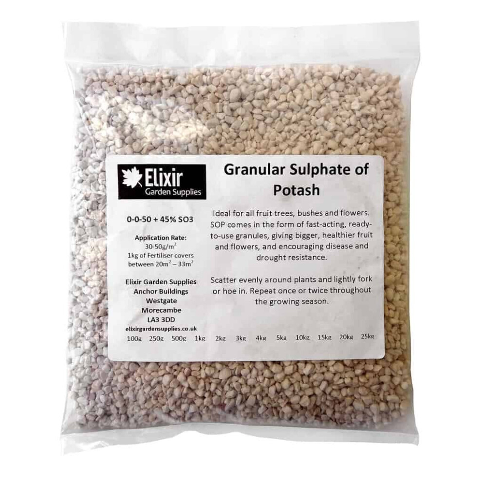 Elixir Garden Supplies (Bag, 500G) Elixir Gardens | Granular Sulphate Of Potash/Potassium Sulphate | Fruit & Berries Fertiliser | 100G - 25Kg In Bag Or Tub