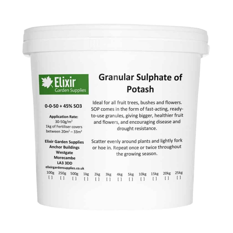 (Tub, 5kg) Elixir Gardens | Granular Sulphate of Potash/Potassium Sulphate | Fruit & Berries Fertiliser | 100g - 25kg in Bag or Tub