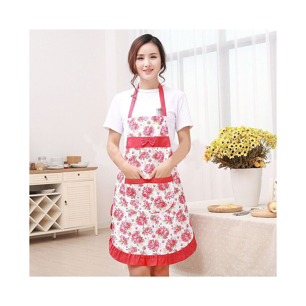 (Red) Floral Kitchen Bib Aprons W/Pockets Cooking Baking Red