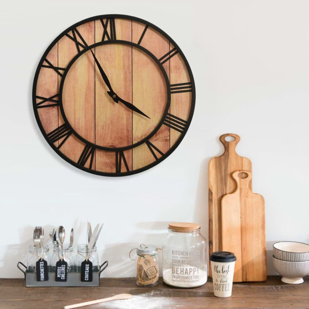 vidaXL Wall Clock Brown and Black MDF and Iron Home Office Decor Analog Clock