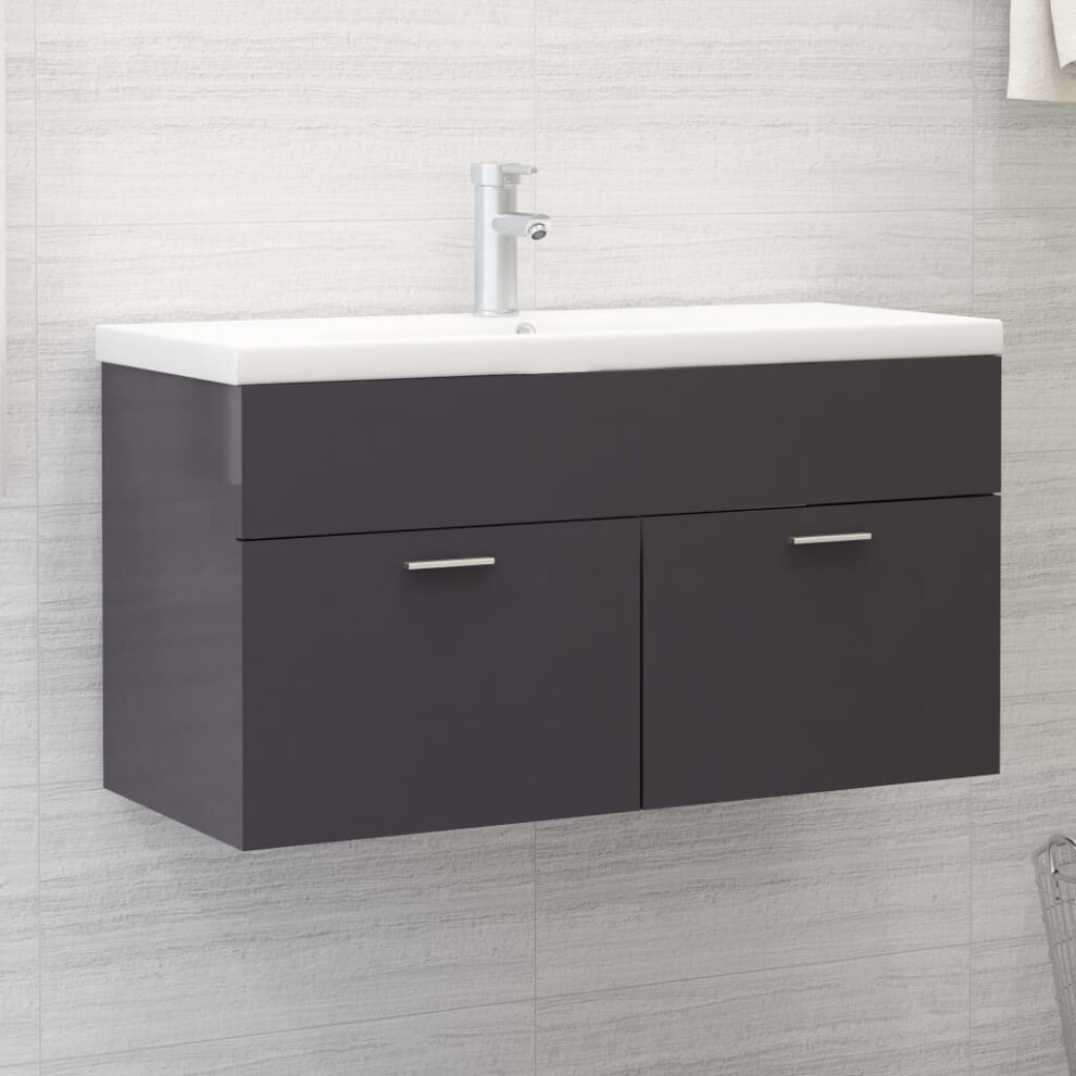 vidaXL Sink Cabinet High Gloss Grey Engineered Wood Bathroom Cabinet Cupboard
