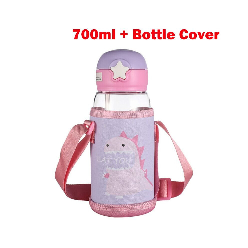 (Pink Dinosaur with Cover-700ml) Kids Cartoon Mugs W/Straws Leakproof Water Bottles
