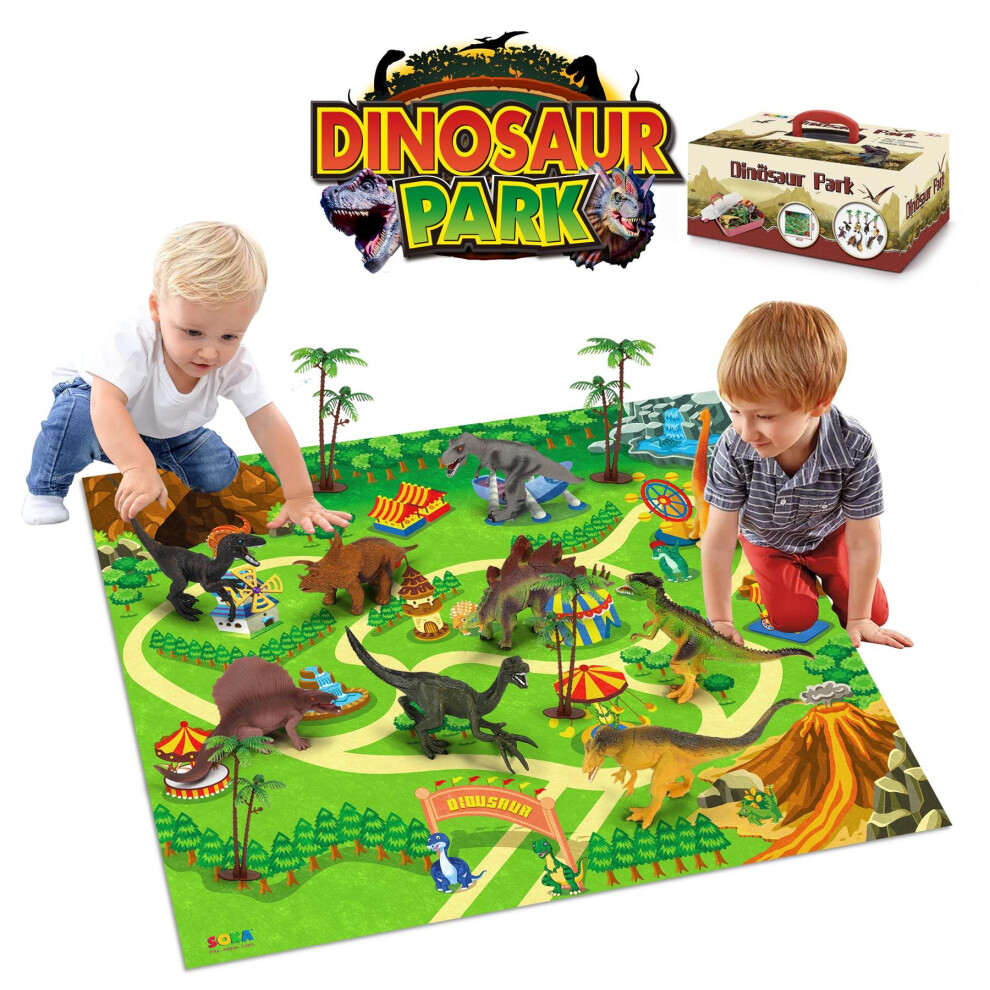 SOKA Dinosaur Jurassic Toy Figure Set with Activity Play Mat & Trees