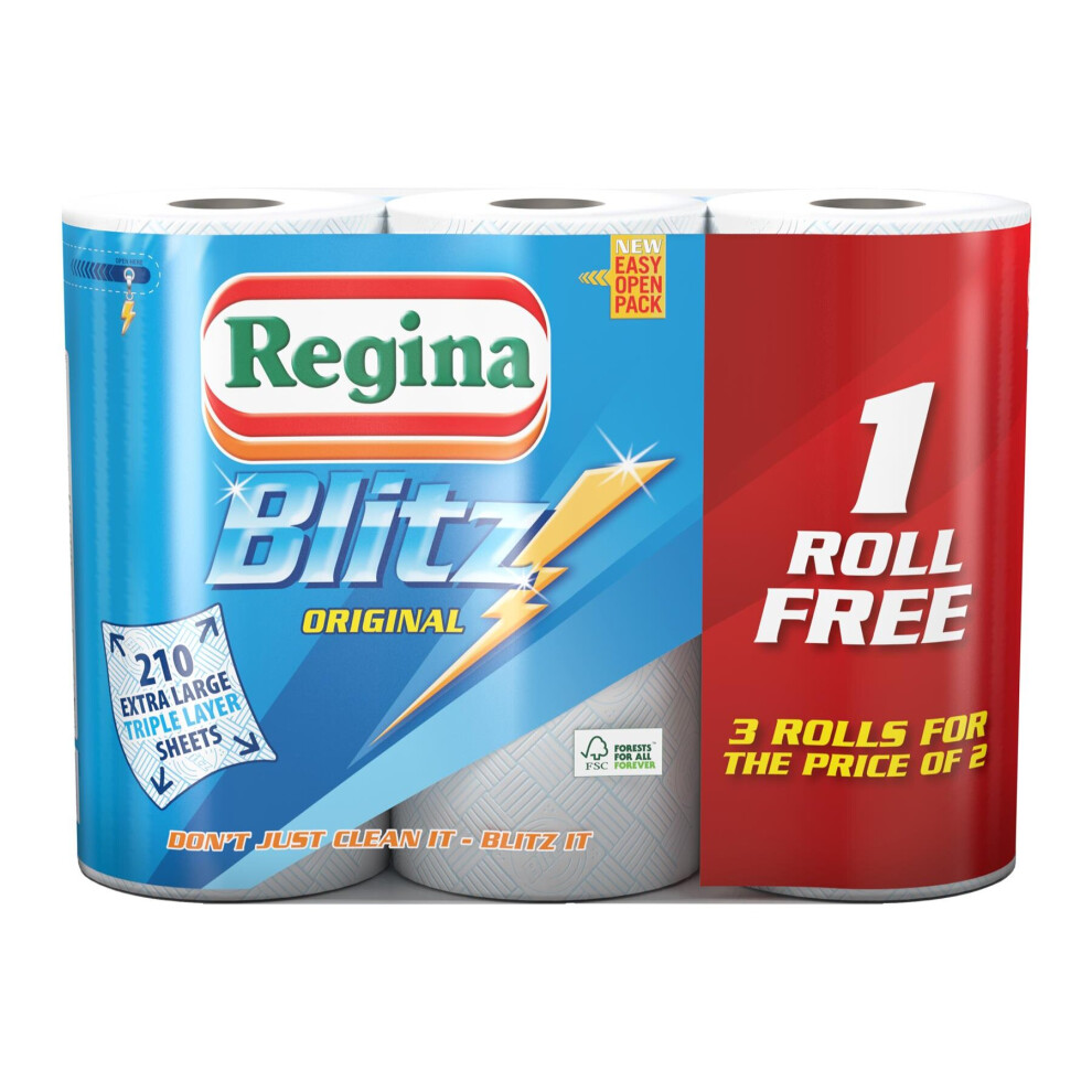 3 Rolls Of Regina Blitz 3ply Kitchen Paper Towels - 70 Sheets Per Roll