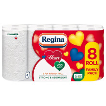 Regina Heart 3Ply 8 Kitchen Rolls Strong Absorbent Kitchen Towels