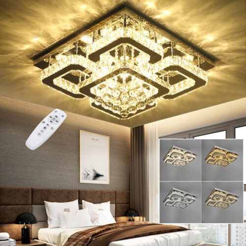 Living And Home (50cm Square, Adjustable) Modern LED Ceiling Light Crystal Flush Chandelier