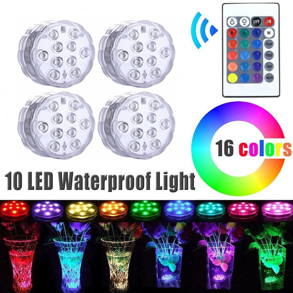 4pk Remote Controlled RGB 10-LED Submersible Swimming Pool Light