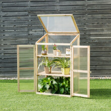 Mini Wooden Cold Frame Greenhouse - 3-Tier Raised Flower Planter, Outdoor Fir Wood with Polycarbonate Glazing, Two Doors, Removable Top