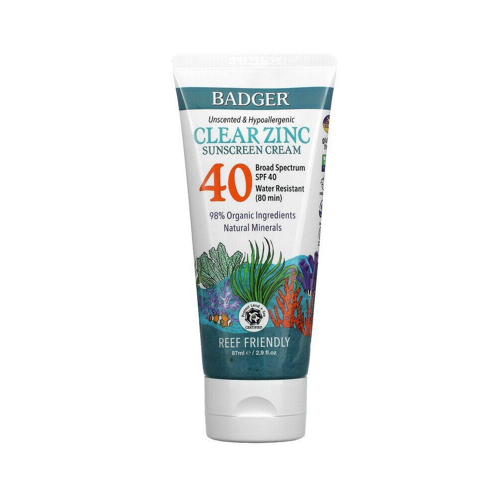 Badger Company, Clear Zinc Sunscreen Cream, SPF40, Unscented, 87ml