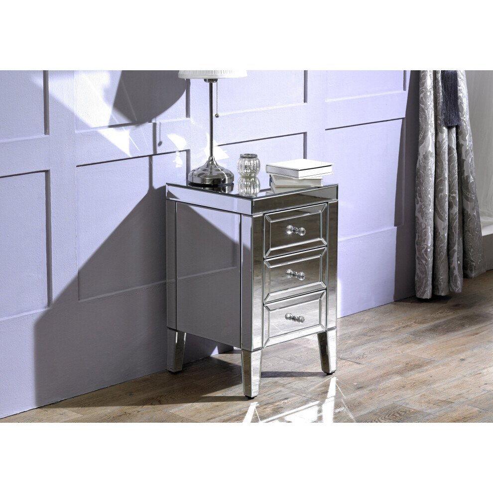 Birlea Furniture Ltd Birlea Valencia Mirrored Glass 3 Drawer Bedside Table With Mock Crystal Handles