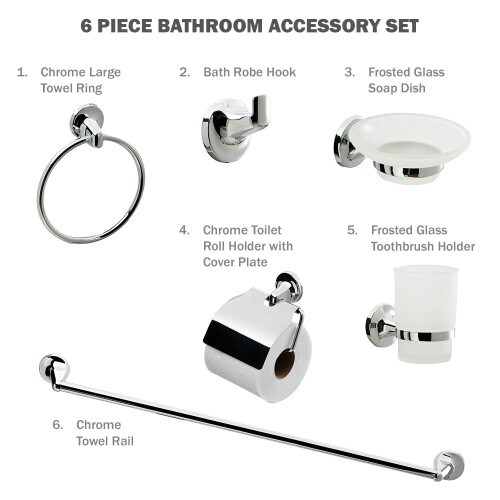 EcoSpa 6-Piece Chrome Bathroom Accessory Set for Cloakroom - Wall-Mounted, Modern Finish 1