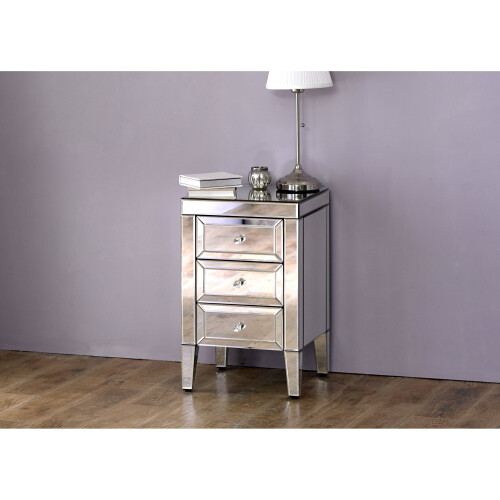 Birlea Valencia Mirrored Glass 3 Drawer Bedside Table with Mock Crystal Handles 2