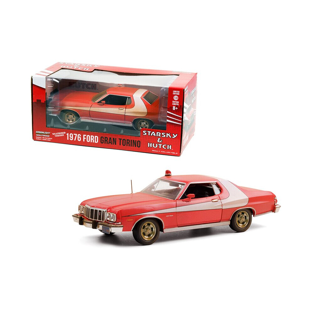 Greenlight 1976 Ford Gran Torino Red with White Stripe (Weathered Version) \Starsky and Hutch\" (1975-1979) TV Series 1/24 Diecast Model Car by Greenl