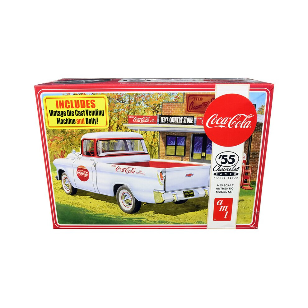 AMT Skill 3 Model Kit 1955 Chevrolet Cameo Pickup Truck \Coca-Cola\" with Vintage Vending Machine and Dolly 1/25 Scale Model by AMT"