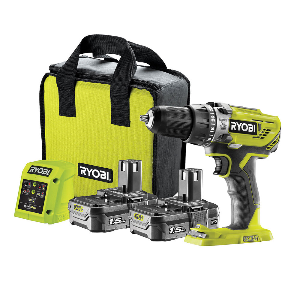 Ryobi Cordless Combi Drill R18pd3-215Sk One+ 18V 2 Batteries 1.5Ah Li-Ion