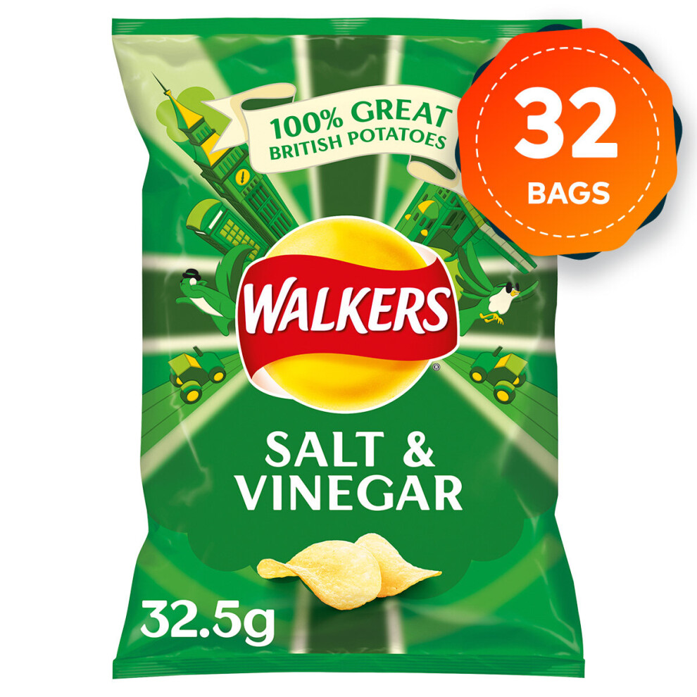 32 Bags Of Walkers Salt & Vinegar Crisps 32.5g