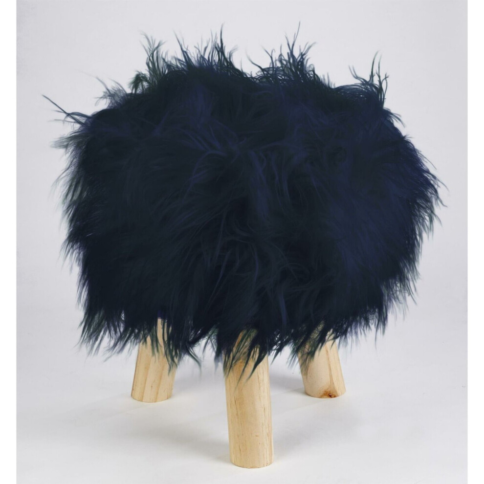 Footstool Pouffe Mongolian Faux Fur Wooden Leg Scandi Foot Stool Chair Navy Blue-image-OPC-P7CGV6K-NEW