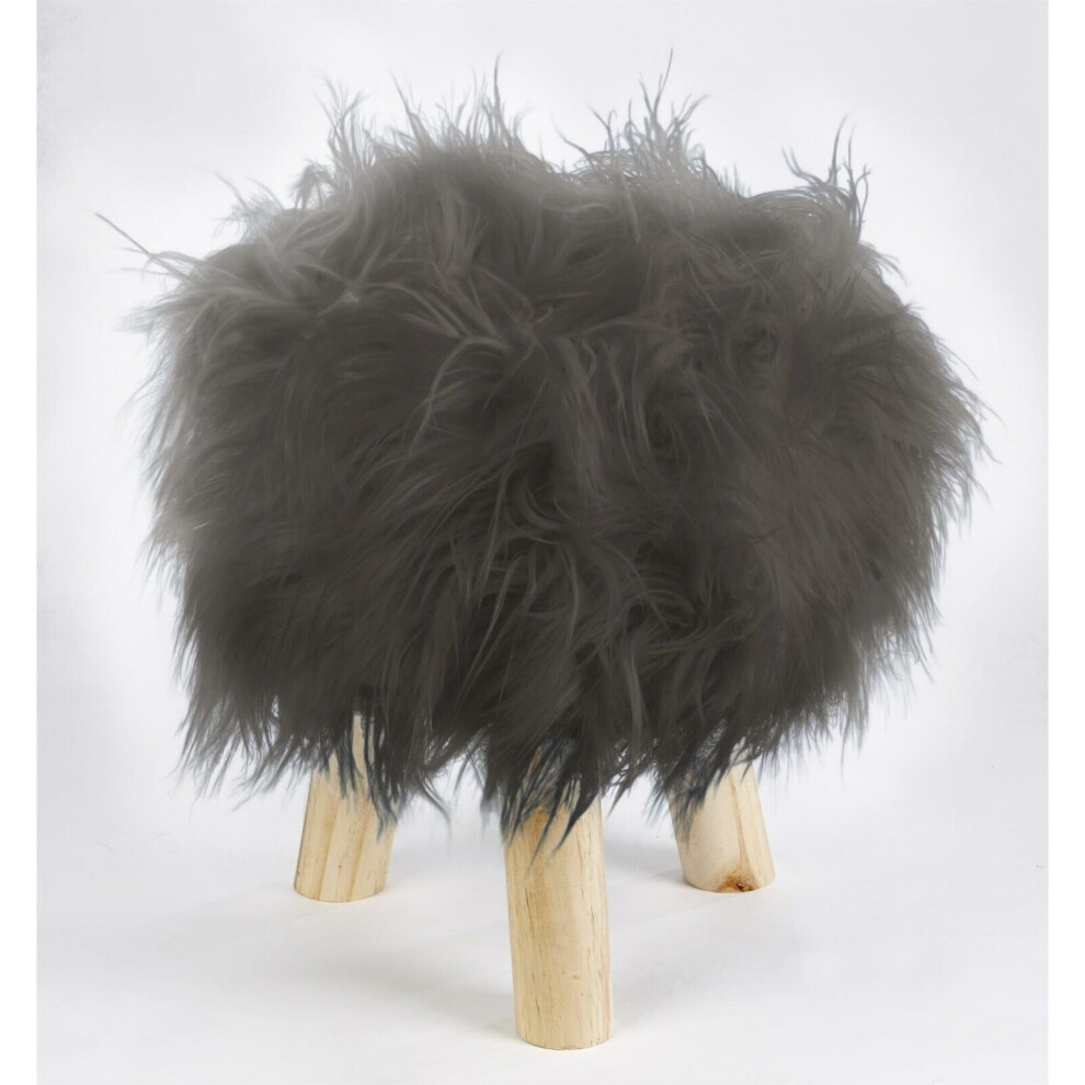 Footstool Pouffe Mongolian Faux Fur Wooden Leg Scandi Foot Stool Chair Charcoal