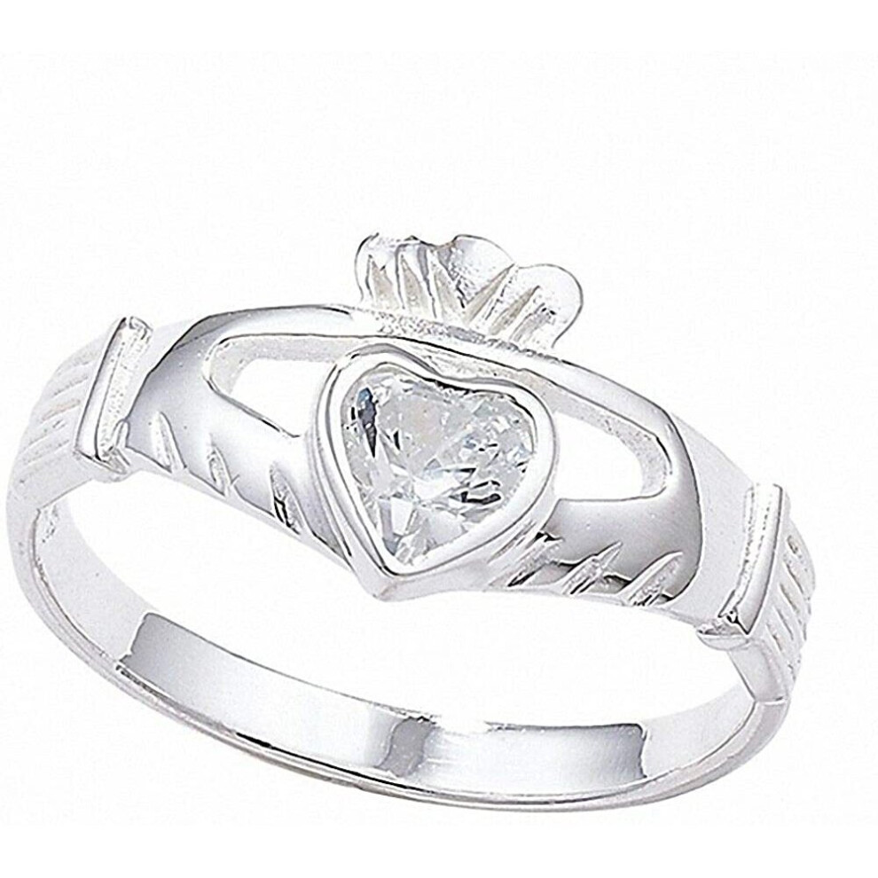 Irish Claddagh Ring Sterling Silver Gemset Friendship Love 925 hallmarked / Size: P