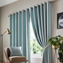 Alan Symonds Jacquard Curtains Eyelet Ring Top Fully Lined Ready Made, Polyester, Teal, 66 x 90