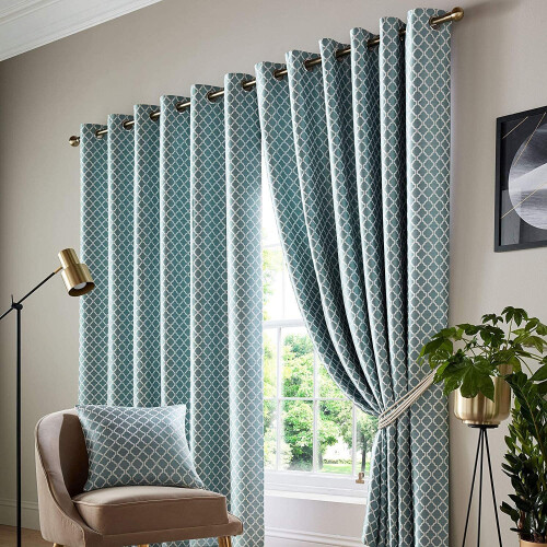 Alan Symonds Jacquard Curtains Eyelet Ring Top Fully Lined Ready Made, Polyester, Teal, 66 x 90
