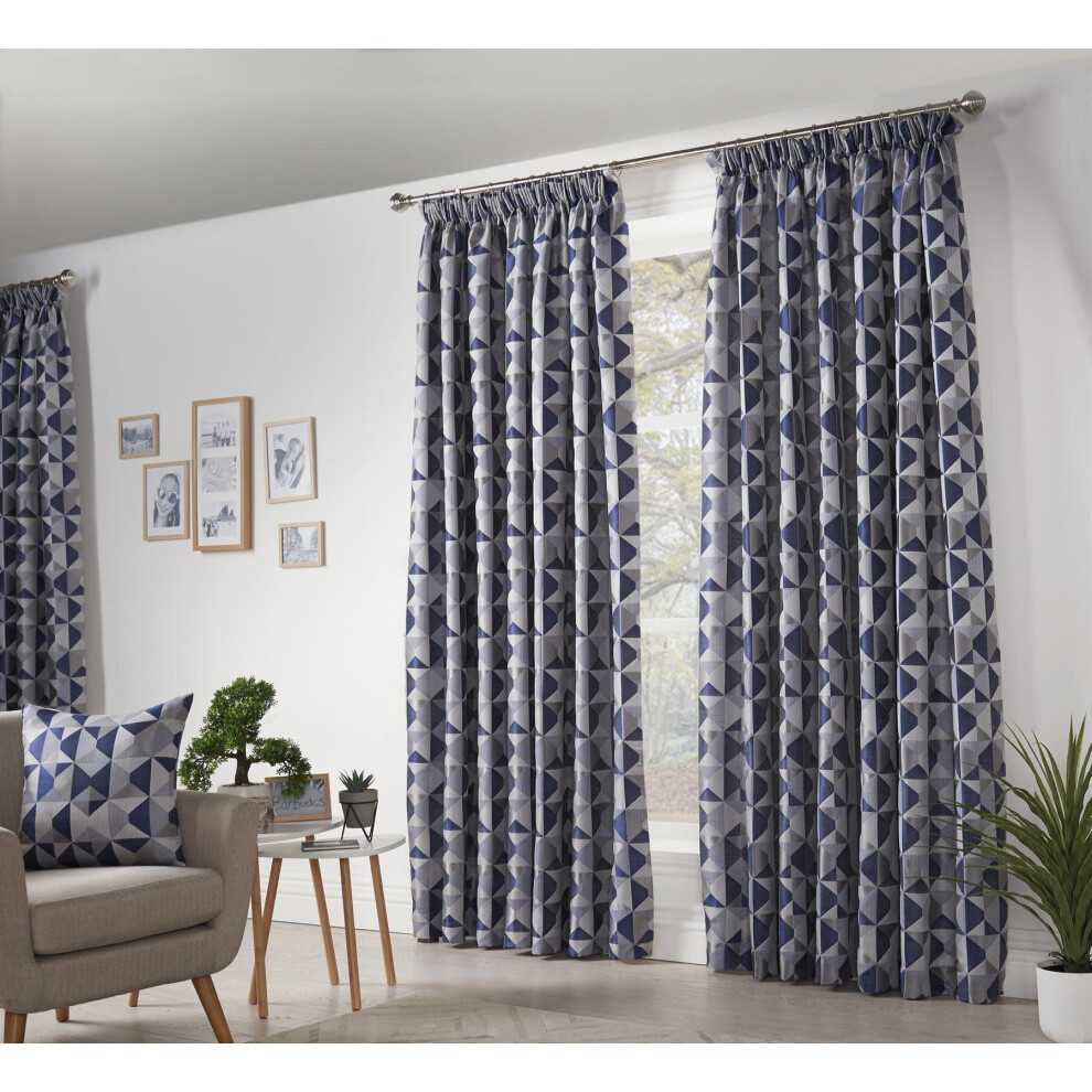 Skandi Taped Pencil Pleat Curtains Fully Lined Weave Jacquard Navy 66x72