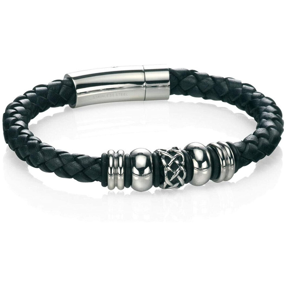 Fred Bennett Mens Black Leather Bracelet With Celtic Beads & Black Rubber 23cm