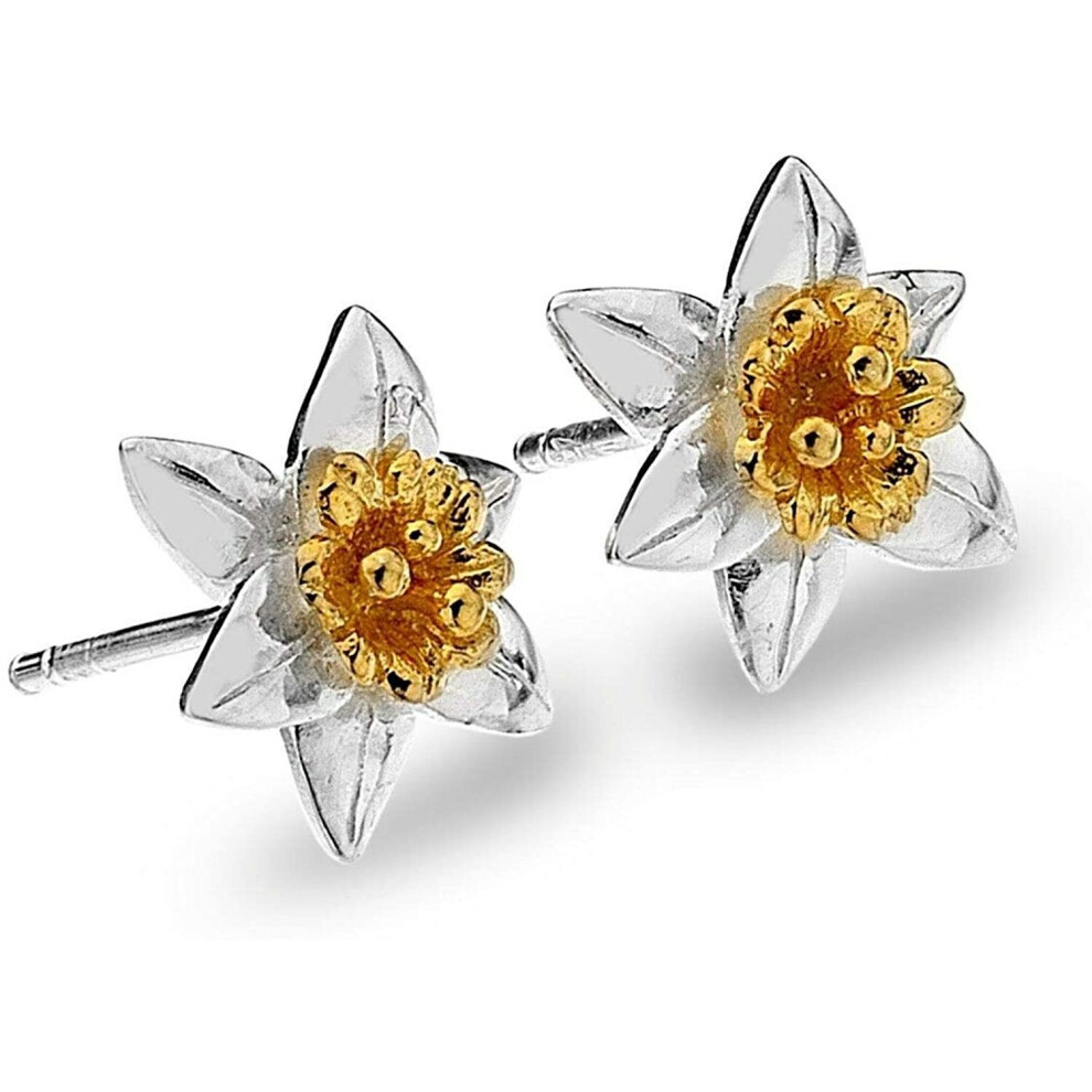 Daffodil Stud Earrings Sterling Silver 925 Hallmarked Gold Detail Studs