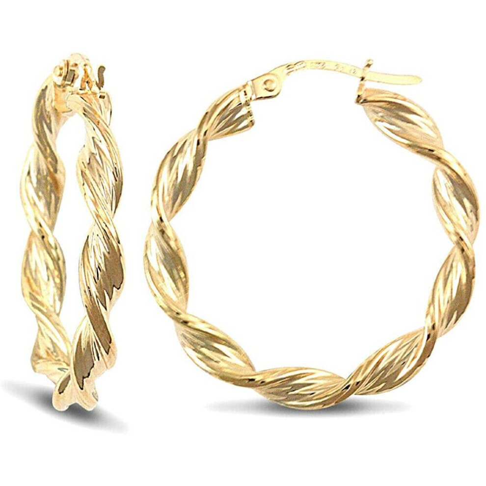 9ct Yellow Gold Barked Twist Style Earrings British Made Hallmarked 26mm