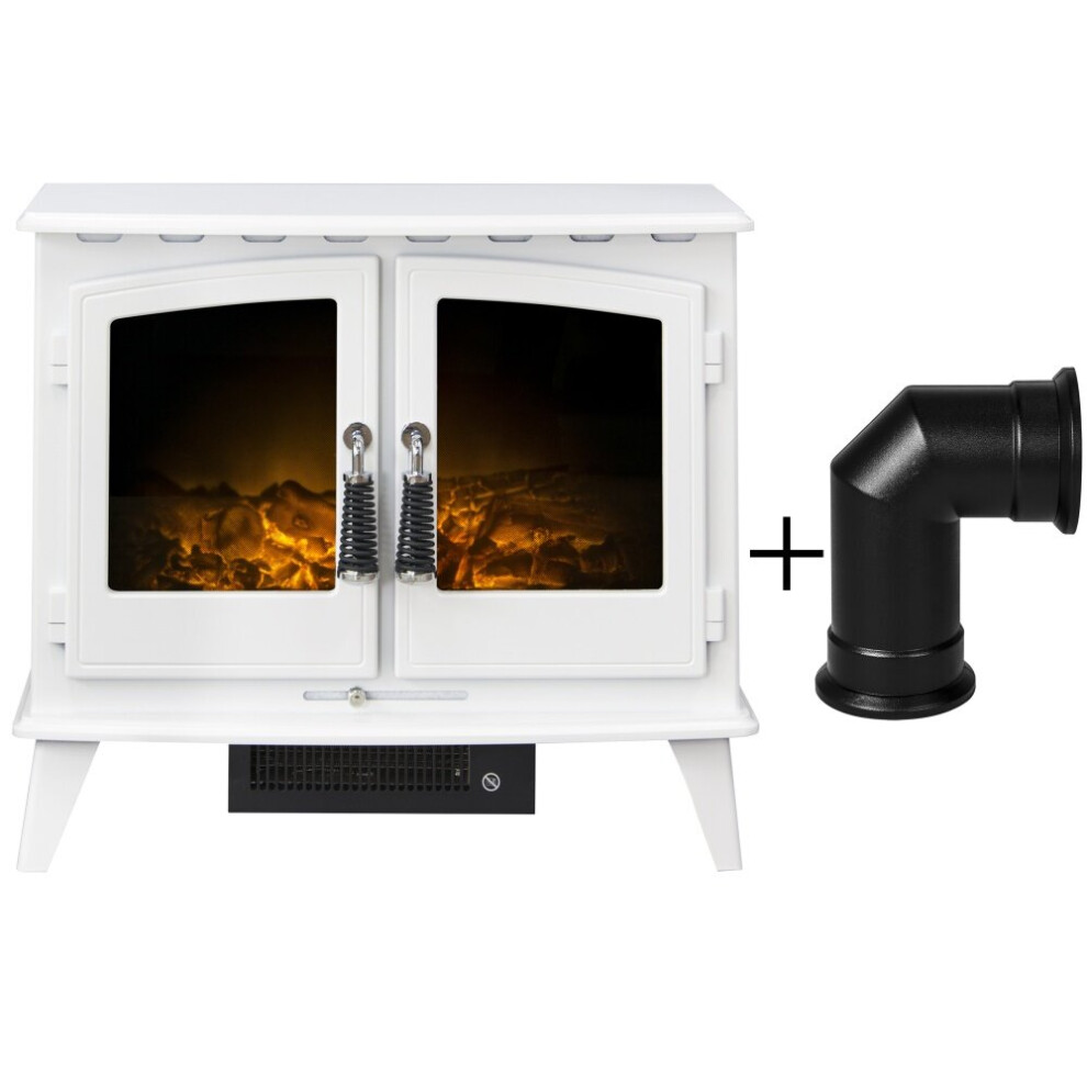 Adam Woodhouse Electric Stove in Pure White with Angled Stove Pipe in Black