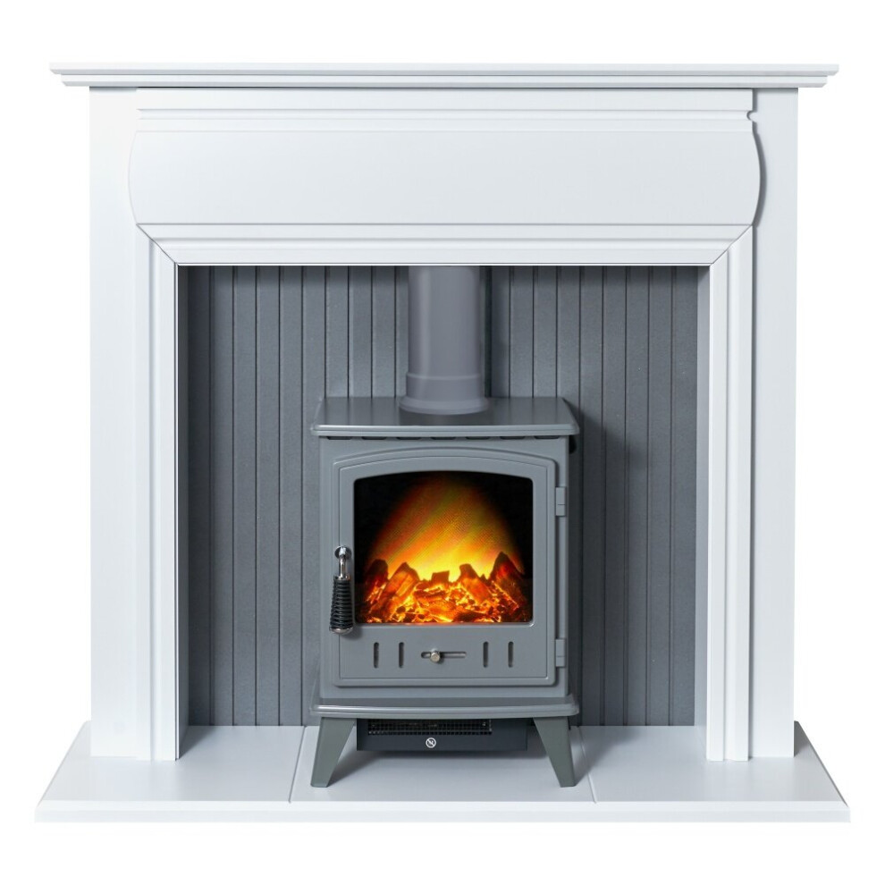 Adam Florence Stove Suite in Pure White with Aviemore Electric Stove in Grey Enamel, 48 Inch