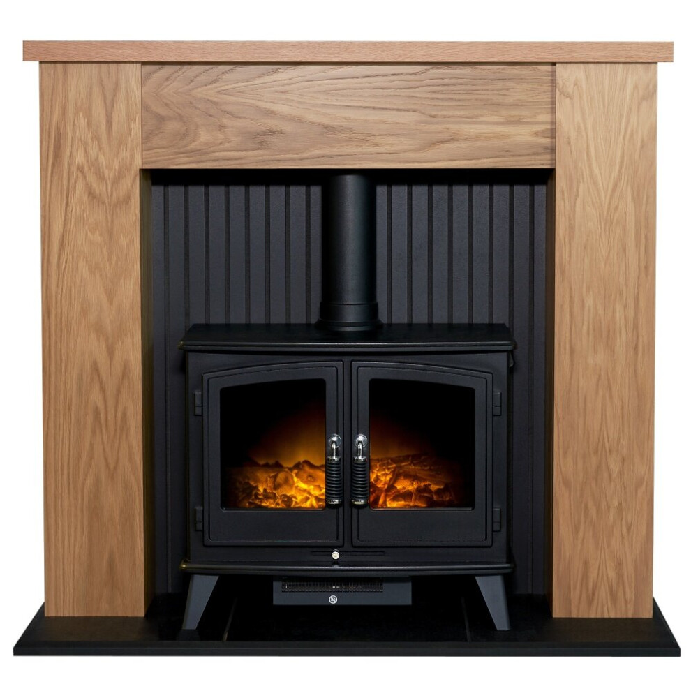 Adam New England Stove Fireplace in Oak with Woodhouse Electric Stove in Black, 48 Inch