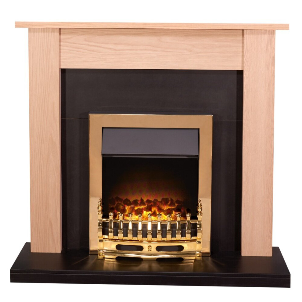 Adam Southwold Fireplace  in Oak & Black with Blenheim Electric Fire in Brass, 43 Inch