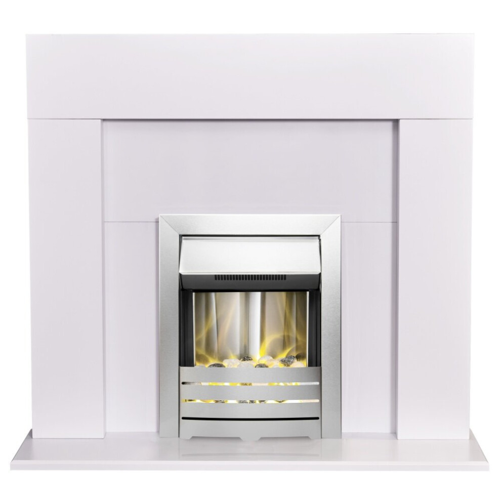 Adam Miami Fireplace in Pure White with Helios Electric Fire in Brushed Steel, 48 Inch