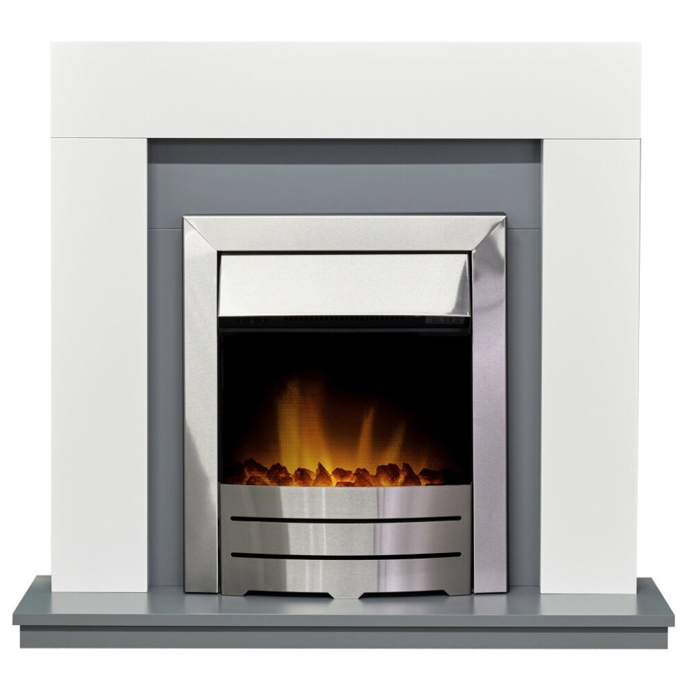 Adam Dakota Fireplace in Pure White & Grey with Colorado Electric Fire in Brushed Steel, 39 Inch