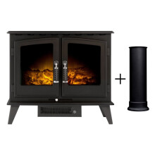 Adam Woodhouse Electric Stove in Black with Straight Stove Pipe (15125) - 1kW-2kW, LED flame effect, Glass Front, Log Bed, Plug-in
