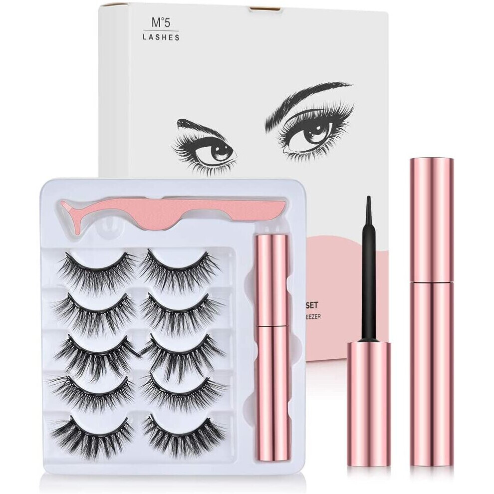 Magnetic Eyeliner and Magnetic Eyelash Kit (5 Pairs), Upgraded 3D Reusable Magnetic Eyelashes Kit False Lashes Natural Look with Applicator