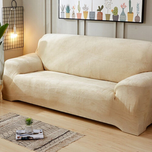 (Beige, 3 Seater) Easy Fit Sofa Slipcover Stretch Protector Plush