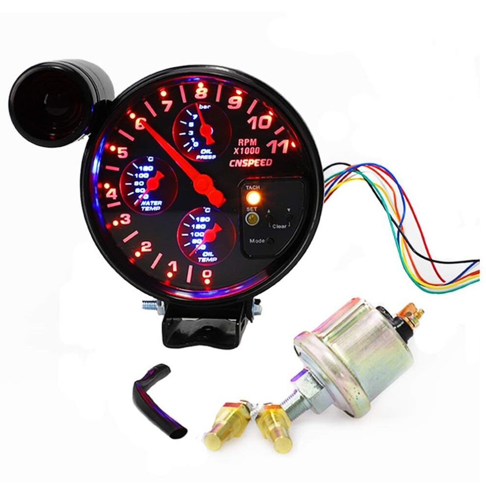 5" 4 In 1 Car Tachometer With Shift Rpm Meter Racing Gauge Water Temp Gauge Oil Temperature For 12V Automotive Vehicle Light 791974314438