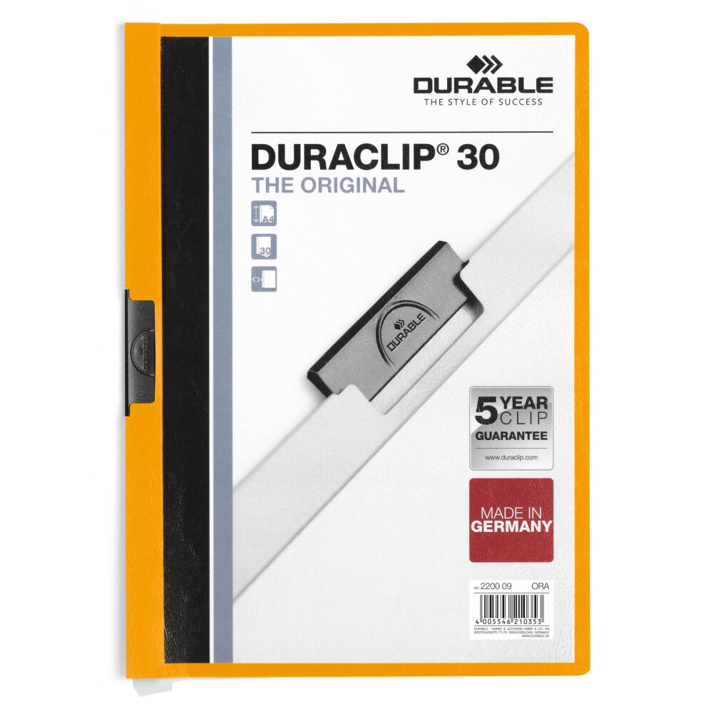 DURACLIP 30 A4 Clip Folder | Holds Up To 30 Sheets | Pack Of 25 Orange Coloured Files