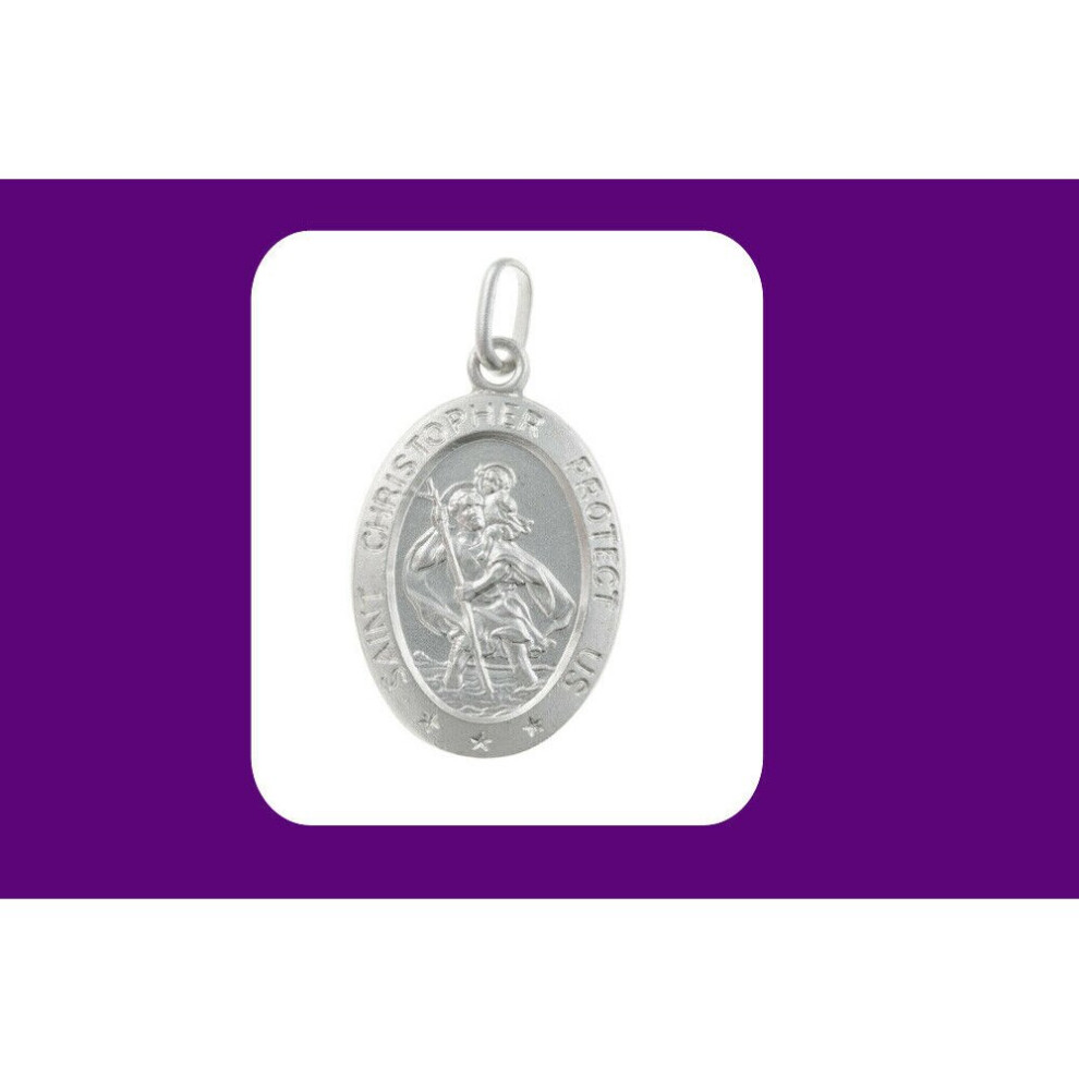 (24" Chain) Oval St Christopher Pendant Silver Protect Us 925 Hallmark 14 - 30" Length Chain