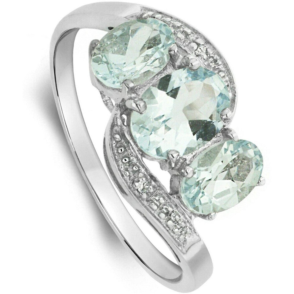 (O) Aquamarine and Diamond Ring White Gold Three Stone Engagement With Certificate