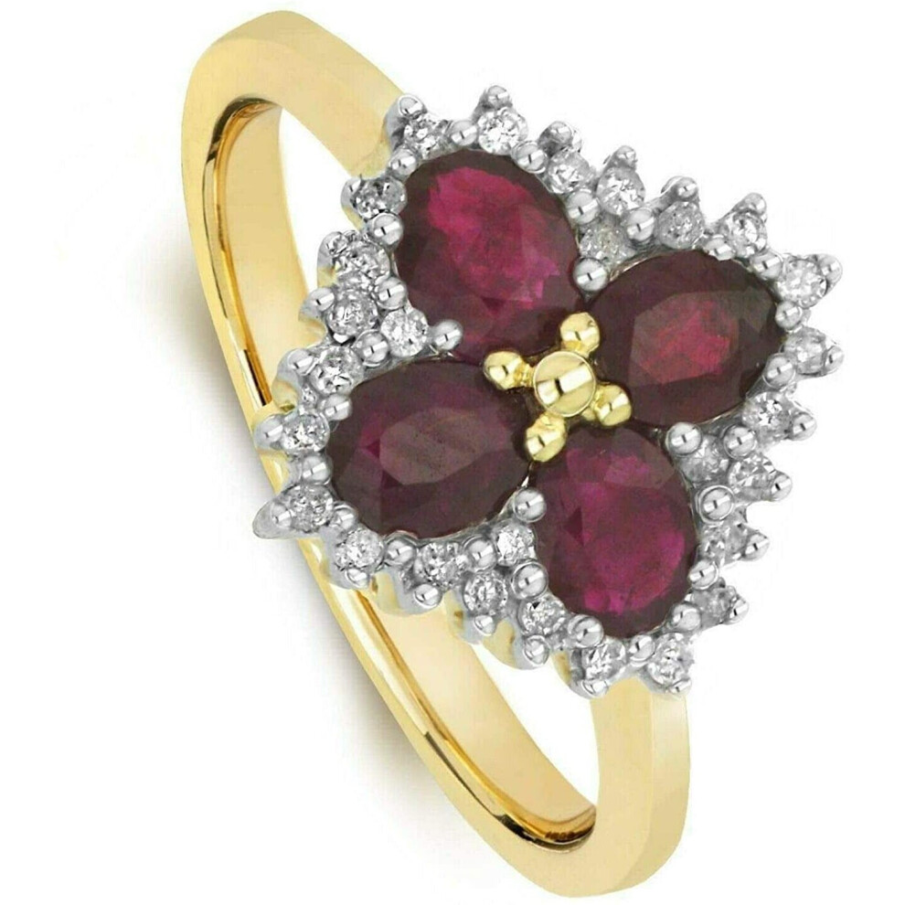 (L) Ruby and Diamond Ring Engagement Yellow Gold Cluster Size J-Q  Certificate
