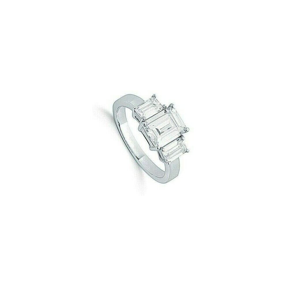 (O) Emerald Cut Trilogy Ring Solid Silver Three Stone Engagement 925 Hallmark