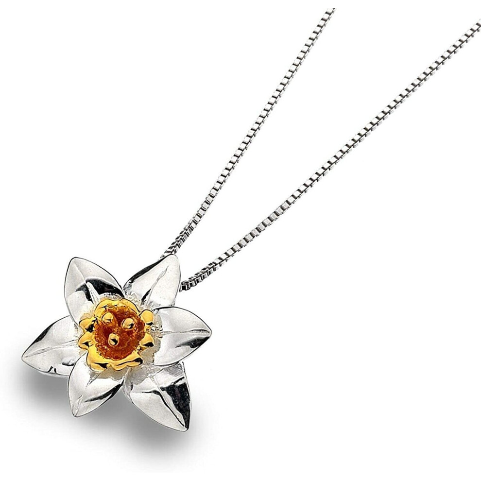 (18" Chain) Daffodil Pendant Sterling Silver 925 Hallmarked Gold Detail All Chain Lengths
