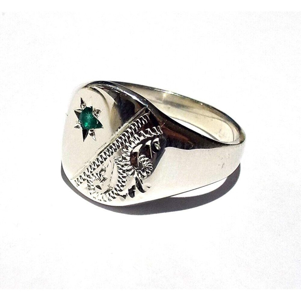 (T, Silver) Signet Ring Emerald Men's Solid Silver Gent's UK Hand Made Hallmarked Cushion