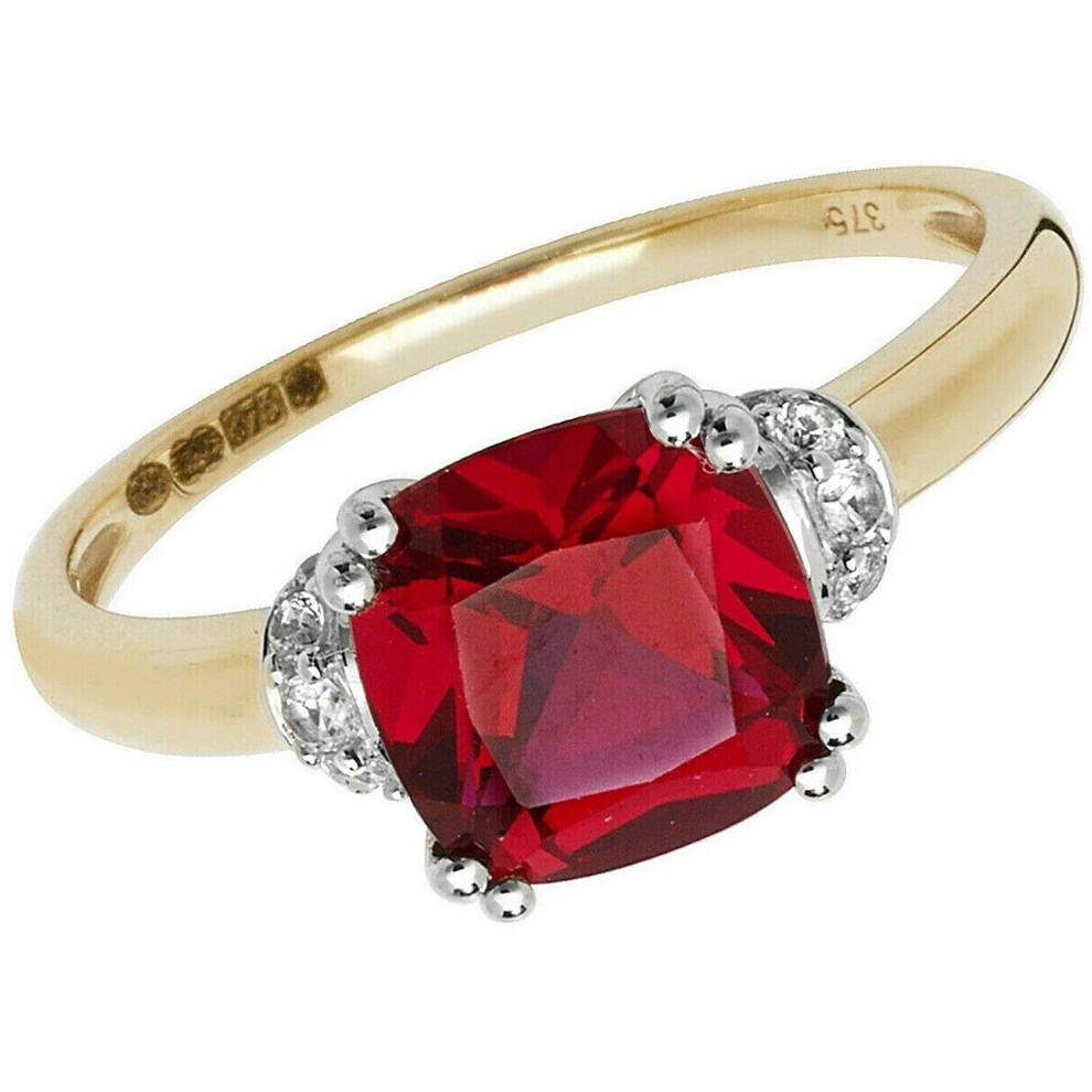 (P) Yellow Gold Ruby Ring Solitaire Cushion White Sapphire Engagement Hallmarked